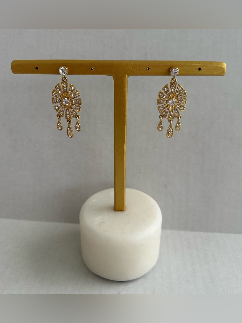 Vintage PA CN Couture Art Deco Gold Toned & Rhinestone Dangle Earrings